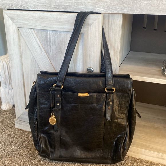 T Tahari Genuine Leather Handbag Purse Satchel Large Tote Black Gold Accents - Picture 1 of 16